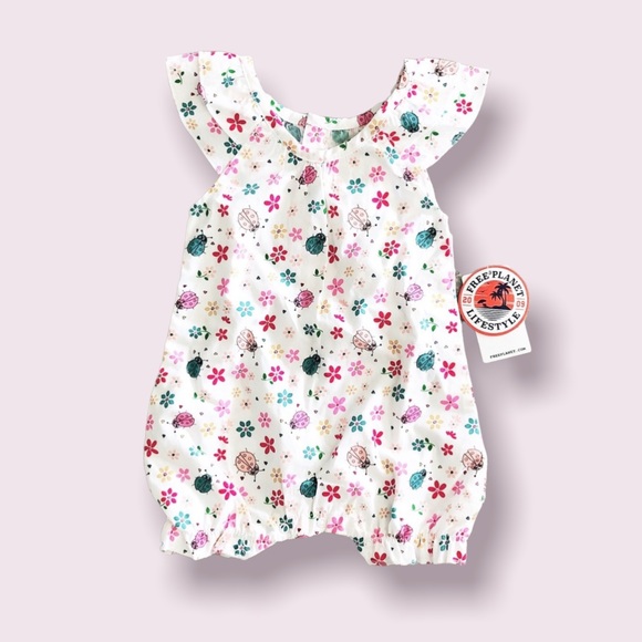 Free Planet Other - Free Planet White Floral Romper Cotton Pleated Baby Girl NWT